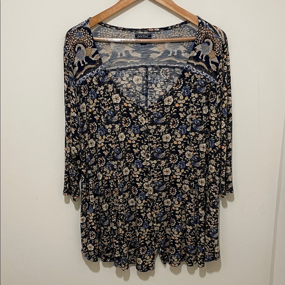 Lucky Brand Blue Floral V-Neck Button-down Top - Soft Knit Tunic, Size 3X